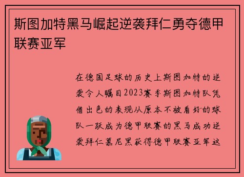 斯图加特黑马崛起逆袭拜仁勇夺德甲联赛亚军 斯图加特黑马崛起逆袭拜仁勇夺德甲联赛亚军