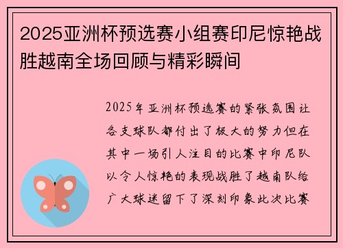 2025亚洲杯预选赛小组赛印尼惊艳战胜越南全场回顾与精彩瞬间 2025亚洲杯预选赛小组赛印尼惊艳战胜越南全场回顾与精彩瞬间